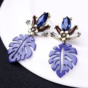 3x Boho Blue Flower & Leaf CZ Earrings